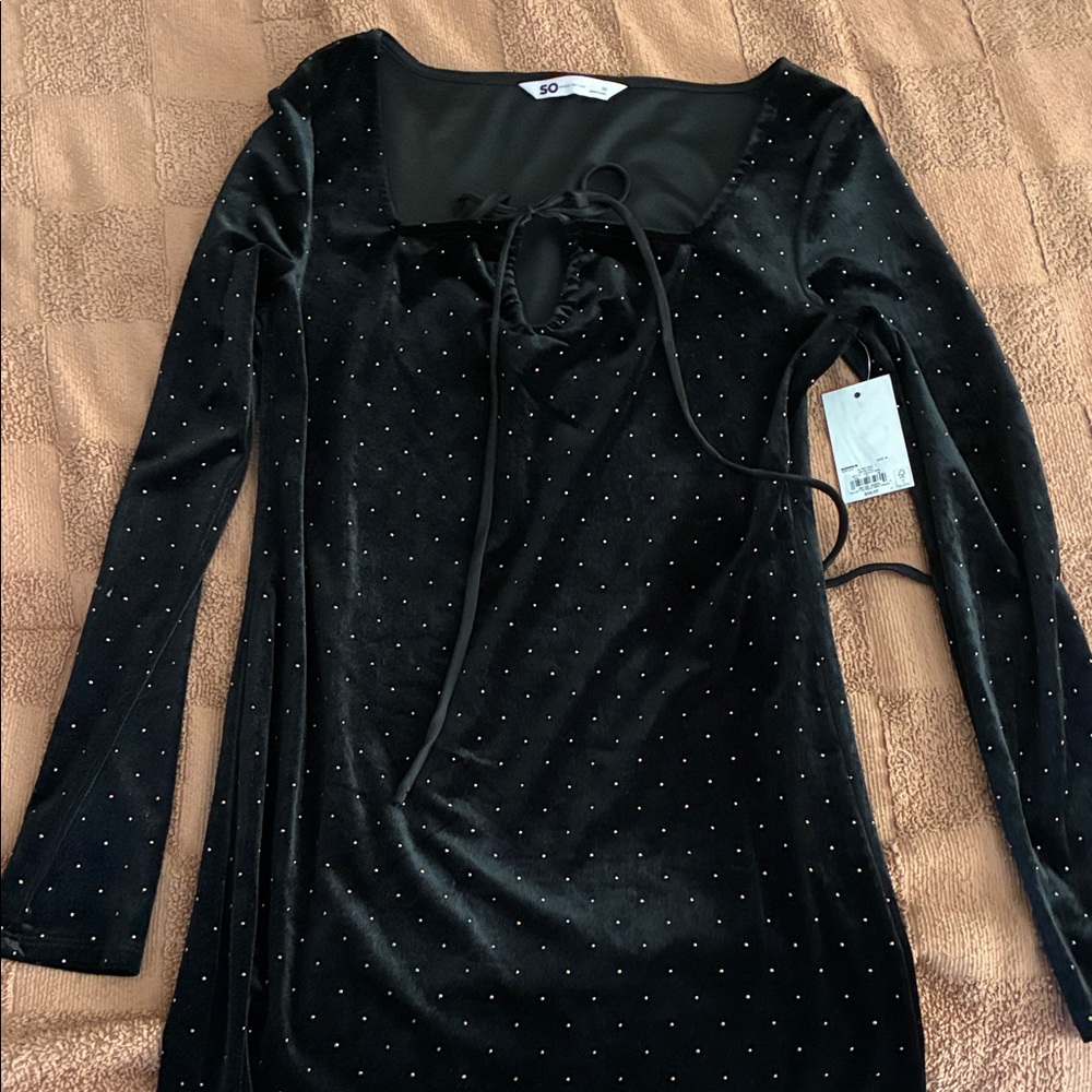 SO Black Velvet Long Sleeve Dress with Sparkle Studs
